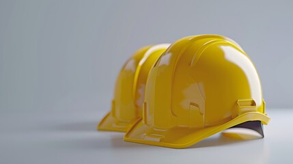 Fototapeta premium Two yellow construction helmets placed side by side on a plain background. Simple design and clean style. Ideal for safety, construction, or industrial-themed projects. Professional image stock. AI
