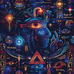 background adorned with mystical symbols such as the "Eye of Ra" and "Merkaba."