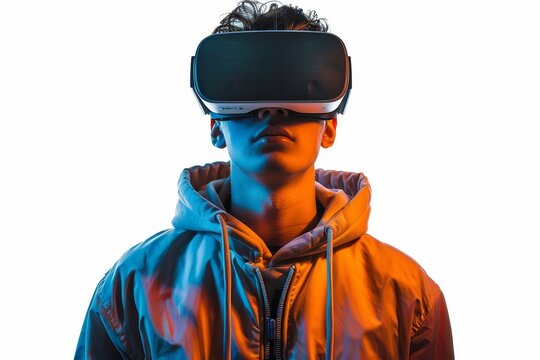 Young man using virtual reality headset isolated in white PNG, VR, future gadgets, technology, virtual event, video game concept, Generative AI