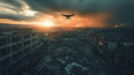 A drone hovers over a desolate post-apocalyptic urban landscape at sunset, capturing the remnants of abandoned buildings and debris.