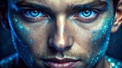 Intense blue-eyed gaze pierces through lens as beads of water glisten on smooth skin, conveying a sense of mysterious vulnerability.