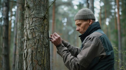 Obraz premium A botanist closely examines tree bark using specialized tools in a dense forest, highlighting the detailed study of flora.