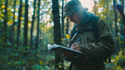 A scientist writes notes in a notebook while conducting research in a forest, surrounded by greenery and natural light.