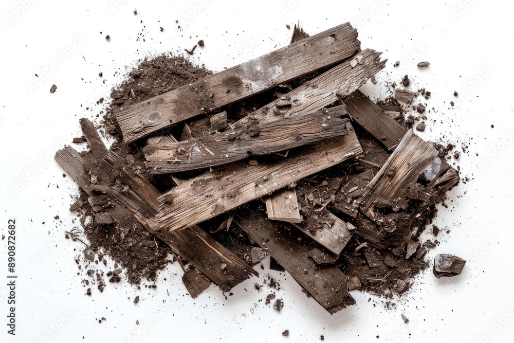 Poster a heap of wood chips sits on a clean white surface, ideal for use in craft projects or as a decorati