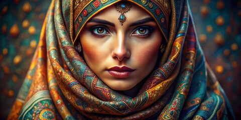 Vibrant portrait of a mysterious woman with piercing eyes, adorned in a intricately patterned headscarf, exuding cultural beauty, depth, and ancient wisdom.