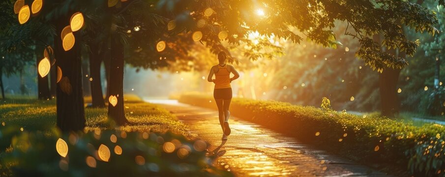 A lone runner makes their way through a sun-drenched forest path.