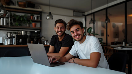 Two young men working in computer laptop, they are in a coffee shop. Freelancers. Remote Work Duo. 
