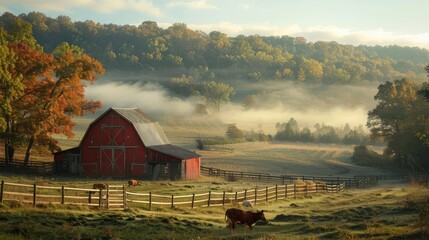 A red barn stands in a misty field with rolling hills and autumn foliage in the background. A cow grazes in the foreground.