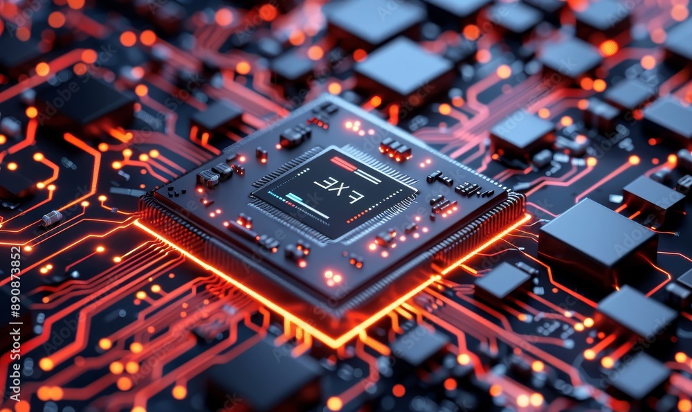 Poster artificial intelligence micro chip with text on chip, generative ai illustration, generative ai