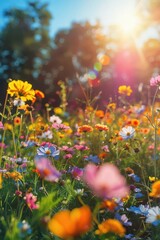 Fototapeta premium A vibrant field of wildflowers blooms under a bright, sunny sky.