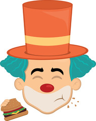 vector illustration face character clown cartoon, eating a hamburger