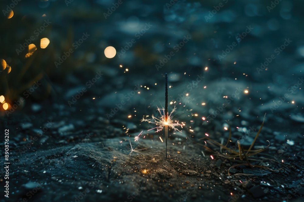 Poster A sparkler lying on the ground in the dark, suitable for use as a visual element in a nighttime scene or to add some sparkle to an outdoor setting