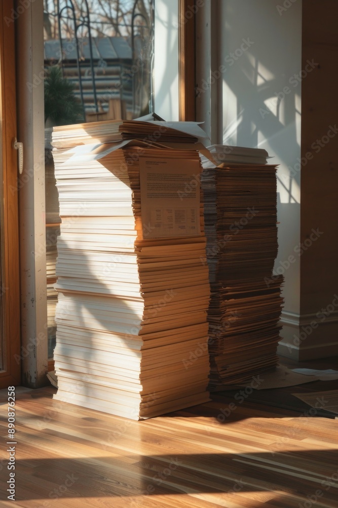 Poster Stack of papers lying on a wooden floor, possibly waiting for sorting or filing