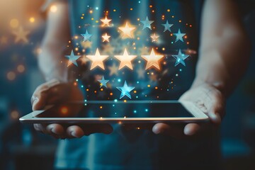 Hands holding a tablet with a glowing five-star rating and positive review comments on the screen, symbolizing excellent feedback