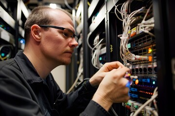 IT professionals troubleshooting in a server room, emphasizing technical expertise and problem-solving abilities 
