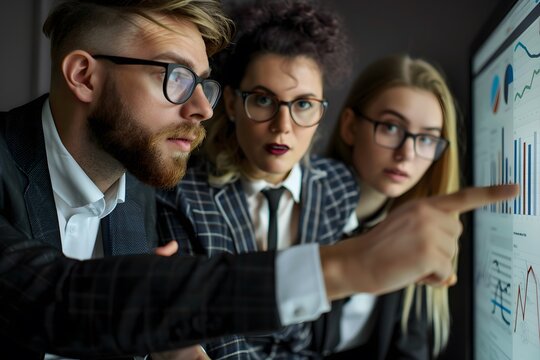 Finance professionals analyzing data and discussing strategies in a corporate setting, emphasizing analytical skills and teamwork