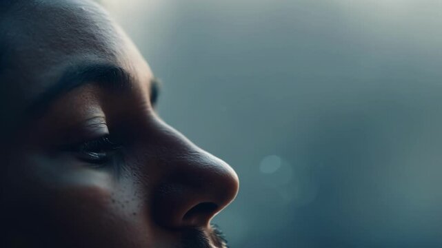 Closeup of a persons forehead creasing in confusion and fear as they realize that even their own breath seems to be the only sound breaking the eerie silence.