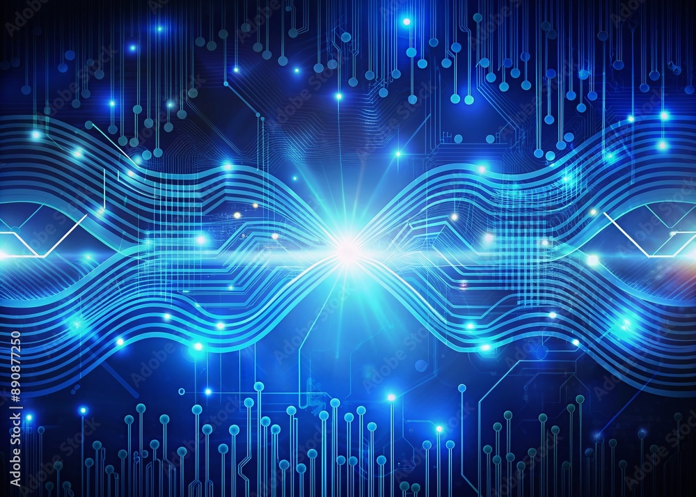Poster vibrant blue binary code background with undulating digital waves, circuit boards, and glowing fiber