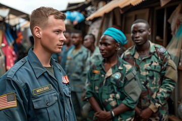 Fototapeta premium Young US Military Service Member Interacting With African Peacekeepers in a Densely Populated Village