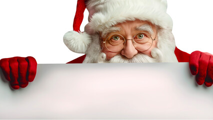 Santa Claus Peeking Over Blank Sign: Festive Christmas Holiday Greeting Template.