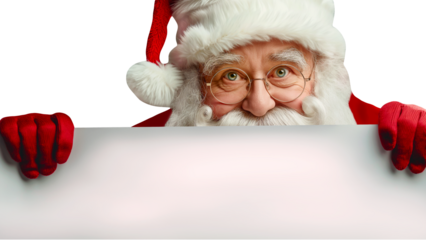 Santa Claus Peeking Over Blank Sign: Festive Christmas Holiday Greeting Template.