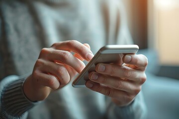 Hands of man using online virtual app on mobile phone. Millennial guy chatting on smartphone, using banking services, reading text message, typing, shopping, making call, browsing internet. Generative