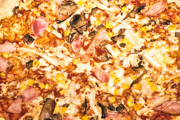 Pizza with ham, mushrooms, corn, and chicken