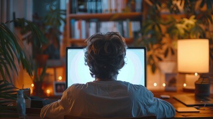 Obraz premium Over shoulder shot of a young man using computer laptop in front of an blank white