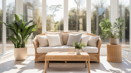 Fototapeta premium Bright Sunlit Room with Cozy Wicker Sofa and Large Potted Plants