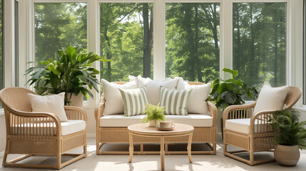 Fototapeta premium Stylish Sunroom with Rattan Furniture and Vibrant Greenery