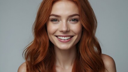 Naklejka premium Beauty portrait of happy attractive young woman with glowing healthy radiant pure skin and beautiful hair. Pretty european girl model smiling on background advertising skin care cosmetic