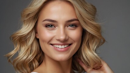 Naklejka premium Beauty portrait of happy attractive young woman with glowing healthy radiant pure skin and beautiful hair. Pretty european girl model smiling on background advertising skin care cosmetic