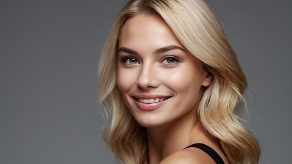 Fototapeta premium Beauty portrait of happy attractive young woman with glowing healthy radiant pure skin and beautiful hair. Pretty european girl model smiling on background advertising skin care cosmetic