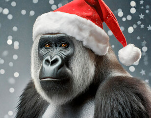 Gorilla in Santa's hat, christmas, snow, background