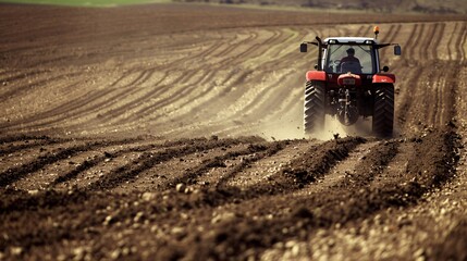 Driving a tractor through a field, an Agricultural Worker prepares the land for planting, creating...