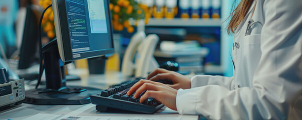 Medical Professional Typing on Computer in Modern Office with Medical Equipment and Documents