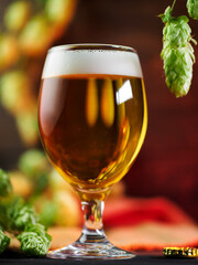 Beer glass close - up . Green Hop Cones