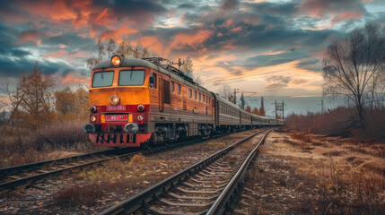 Obraz premium Vintage Train Traveling Through Scenic Countryside at Sunset with Dramatic Sky and Autumn Foliage