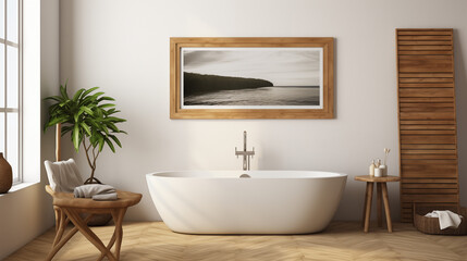 Minimalist Bathroom With White Freestanding Tub Wooden Stool and Lush Green Plants Creating a Serene Ambiance