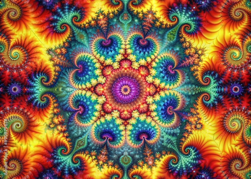 Poster vibrant abstract fractal patterns merge seamlessly into an infinite repeat background, creating a me