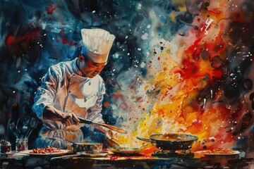 Chef in white uniform cooking with high flames in a dramatic setting, showing passion and skill in a vibrant kitchen.