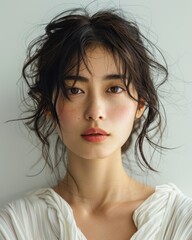 Portrait of beautiful japanese women with short hair cut and air bang, standing in flower shop by generative AI, Generative AI