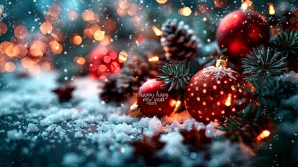 A snowy christmas and happy new year lights and decorations. seamless looping time-lapse virtual 4k video animation