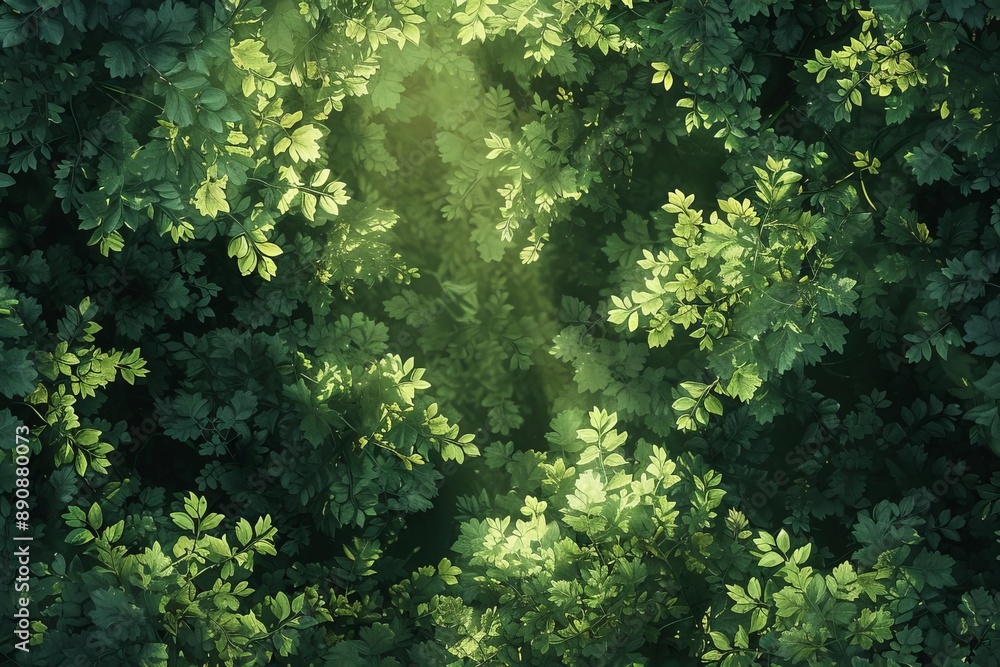 Poster sunlight filtering through lush green canopy, creating tranquil and serene forest atmosphere, perfec