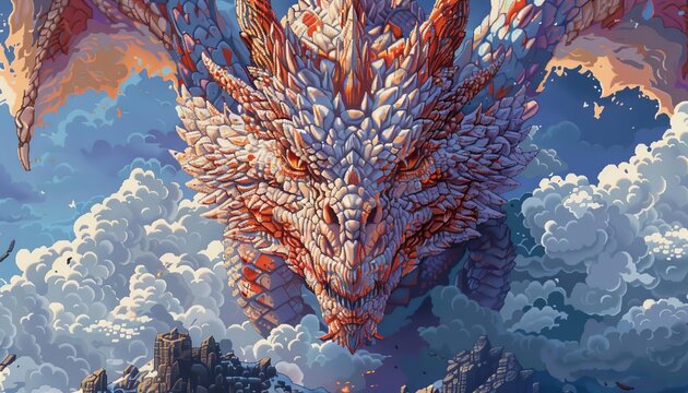 A majestic dragon with fiery scales soars through a cloudy sky, exuding power and mystery in this stunning digital fantasy artwork.