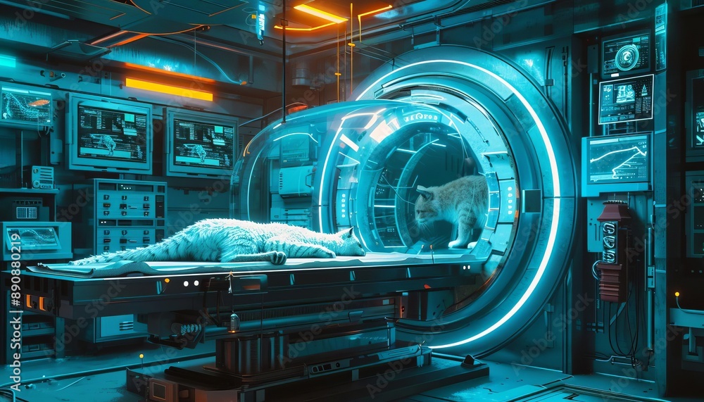 Poster futuristic laboratory with advanced technology and a cat observing a specimen. neon lights create a 