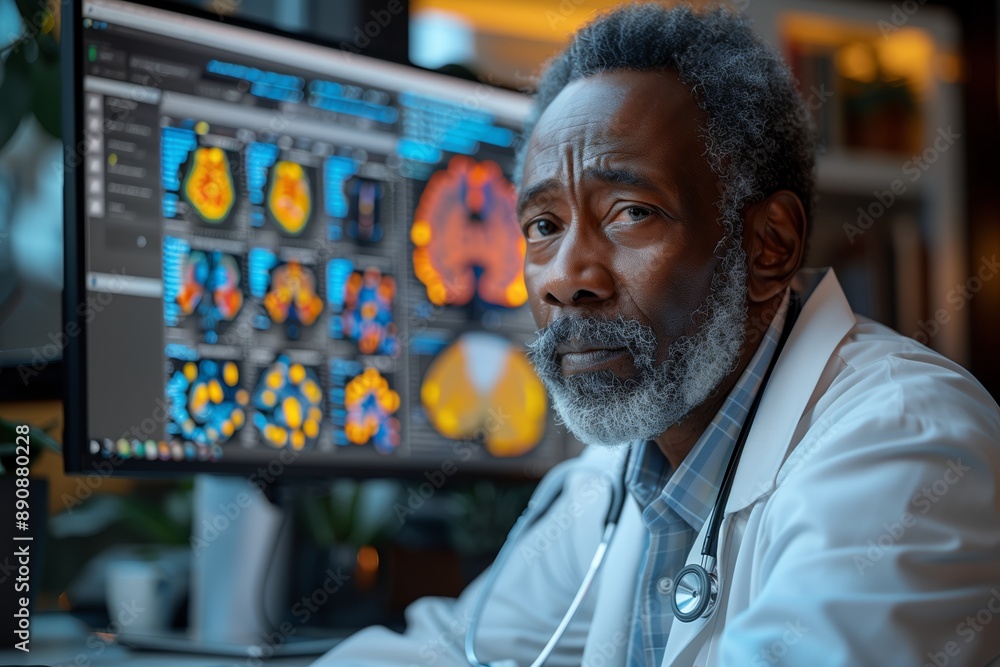 Poster focused doctor reviewing brain scan data on computer monitor