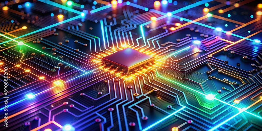 Poster vibrant glowing circuits and microchips shimmer on a futuristic abstract background, with pulsating 
