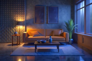 Modern living room interior with orange, yellow, red, blue, white pillows  sofa coffee table and vases