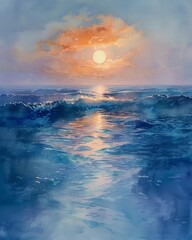 Serene watercolor painting of a sunset over the ocean with gentle waves and vibrant colors, creating a peaceful and calming scene.